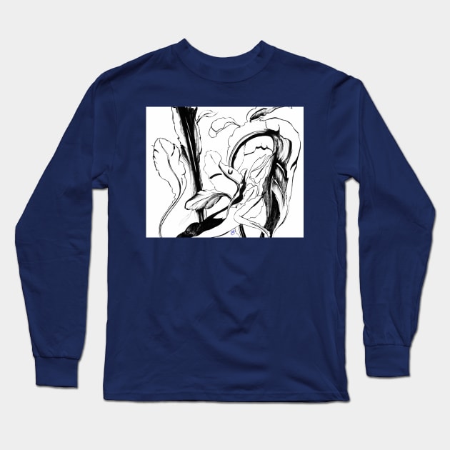 Plant in Blue Marker - Leaf of Life Miracle Leaf - White on Black Long Sleeve T-Shirt by ANoelleJay